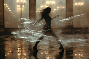 A dancer's body blurs as they twirl rapidly in a dance studio - obrazy, fototapety, plakaty