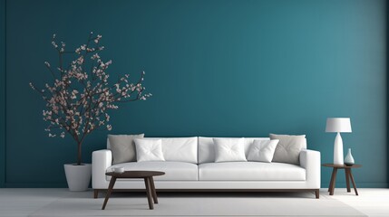 A cozy corner furnished with a sleek white sofa, complemented by a textured teal 3D wall, inviting comfort and style. - obrazy, fototapety, plakaty