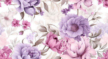 Seamless pattern of white, pink and purple flowers