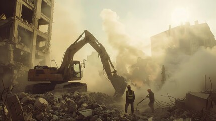 Demolition Team Dismantling Building - obrazy, fototapety, plakaty