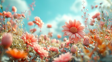 Obraz na płótnie Canvas Dreamlike Hyperrealistic Pink Flower Field and Playful Cinema4D Rendered Imagery with Spherical Sculptures 