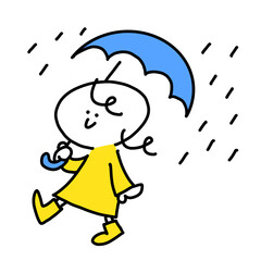 雨の日に傘をさして笑顔で歩く女性　線画