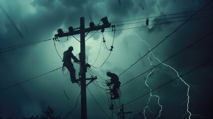 Electricians Repairing Power Lines - obrazy, fototapety, plakaty