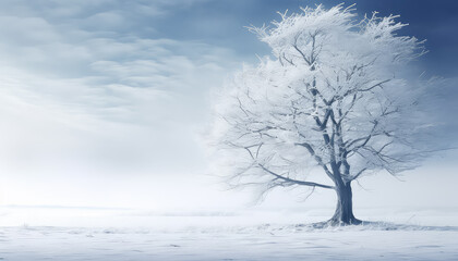 Beautiful white tree on the background of a winter landscape