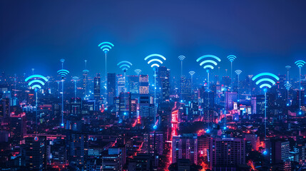 A modern city with a wireless network connection, generative Ai
