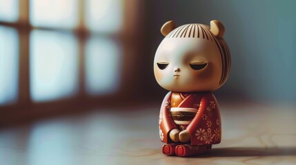 Cute japanese doll in kimono with copy space