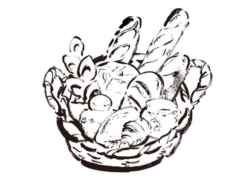 かごに盛ったいろんなパンの手描きイラスト　線画イラスト