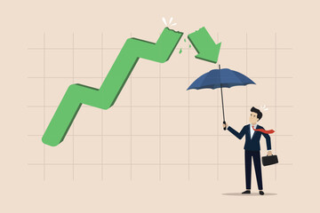 Investment margin of safety concept, protect from stock market crash, businessman investor holding umbrella to face decline arrow graph.