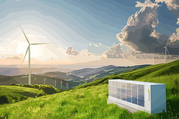 Renewable energy solutions with solar panels, wind turbines, and green power storage systems - obrazy, fototapety, plakaty
