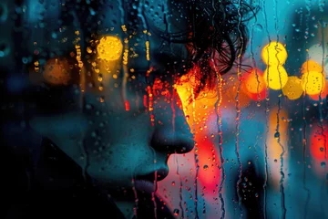 Foto op Canvas A portrait of a person reflected in a rain-streaked window © Veniamin Kraskov