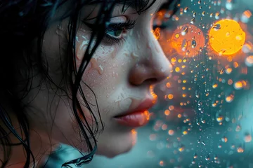 Foto op Canvas A portrait of a person reflected in a rain-streaked window © Veniamin Kraskov