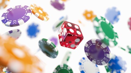 Casino chips and die in mid-air on a white backdrop