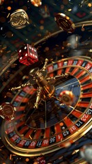 Casino roulette wheel with flying cards and dice