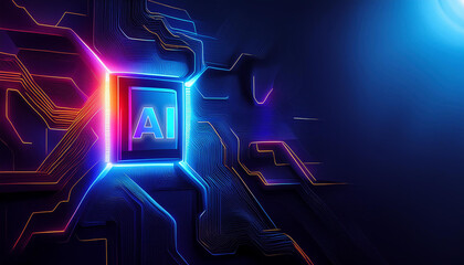 AI technology. Chip with AI latters and circuit board. Artificial intelligence, Computer chip, Future quantum computing, Deep learning algorithms, Tech innovation, Machine learning concept - obrazy, fototapety, plakaty