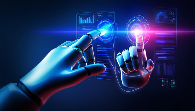 Machine learning, Hands of robot and human touching on big data network connection background, Science and artificial intelligence technology, innovation and futuristic.