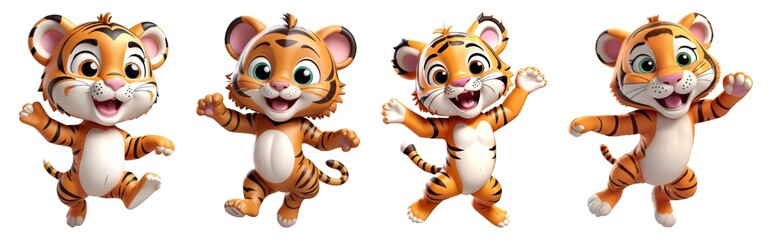 3D jumping and dancing smile Tiger on Transparent Background