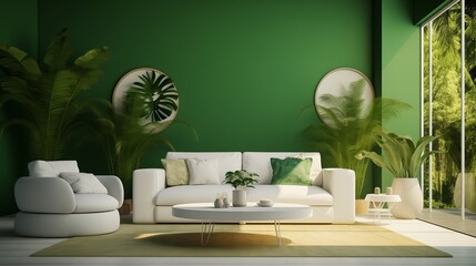 A cozy lounge area featuring a comfortable white sofa set against a vibrant green 3D wall, bringing the beauty of nature indoors.
