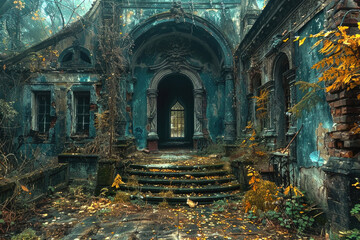 A decaying mansion with crumbling walls and overgrown vegetation - obrazy, fototapety, plakaty