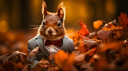 Visualize a suave squirrel in a tailored blazer, accessorized with a pocket square and a pair of sleek sunglasses. Against a backdrop of autumn foliage, it exudes woodland chic and urban sophisticatio - obrazy, fototapety, plakaty