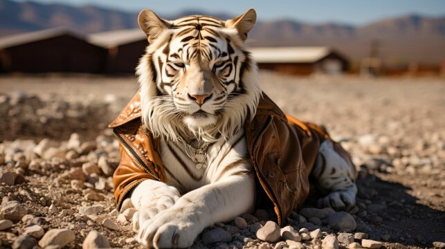 tiger in a tailored safari jacket, accessorized with a leather belt and aviator sunglasses. Amidst a backdrop of savannah plains, it exudes rugged charm and safari chic. The vibe: adventurous and styl