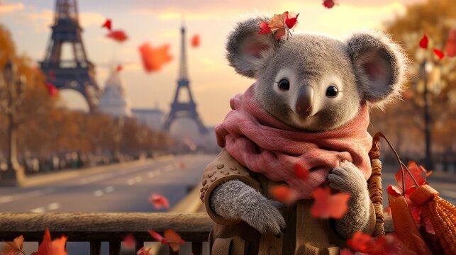 Envision a sophisticated koala in a cashmere cardigan, paired with a silk scarf and a beret. Against a backdrop of Parisian streets, it exudes artistic flair and cosmopolitan charm. The atmosphere: bo