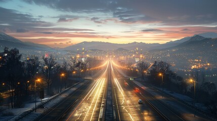 photorealistic highway on town background Generated with Ai tools - obrazy, fototapety, plakaty