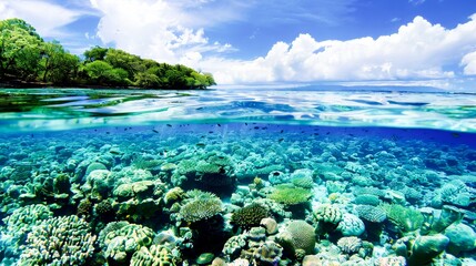 Crystal-clear waters revealing a vibrant coral reef, a hidden underwater world alive with color and mystery.