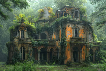 A decaying mansion with crumbling walls and overgrown vegetation - obrazy, fototapety, plakaty