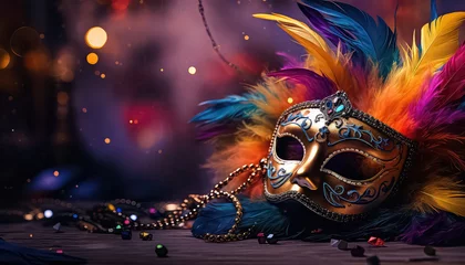 Gordijnen Venetian mask with feathers with rainbow colors ,concept carnival © terra.incognita