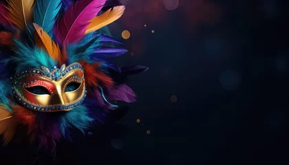 Gordijnen Mask with feathers on purple background ,concept carnival © terra.incognita
