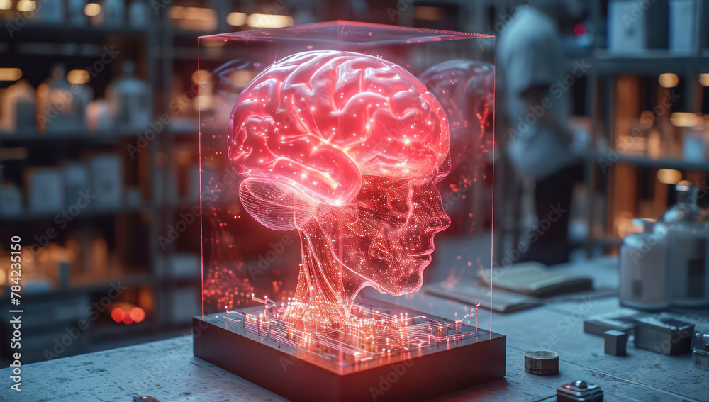 Poster Glowing Artificial Intelligence Brain over Computer Electronic Circuit Boards extreme closeup. Generative AI