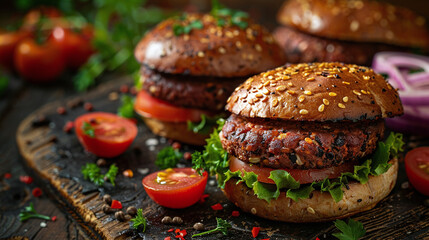 Delicious Black Bean Burger on Rustic Wooden Board. Healthy Food Photography.