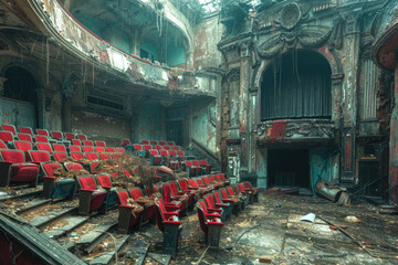 A once-grand theater with faded velvet seats and a dusty stage - obrazy, fototapety, plakaty