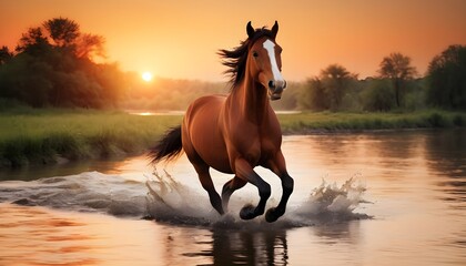 Horse-running-on-the-river-with-sunset - obrazy, fototapety, plakaty