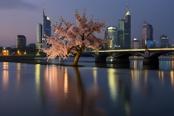 Cherry tree in bloom on banks of River Main with skyline of business district in the background at dusk, Frankfurt am Main, Hesse, Germany Europe Generative AI - obrazy, fototapety, plakaty