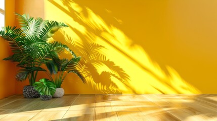 Sunny Room with Plant Shadows on a Warm Yellow Wall, Modern Interior Design, Perfect for Background or Wallpaper. AI