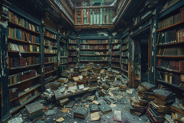 A forgotten library with towering bookshelves and decaying books - obrazy, fototapety, plakaty