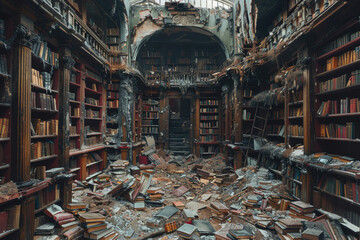A forgotten library with towering bookshelves and decaying books