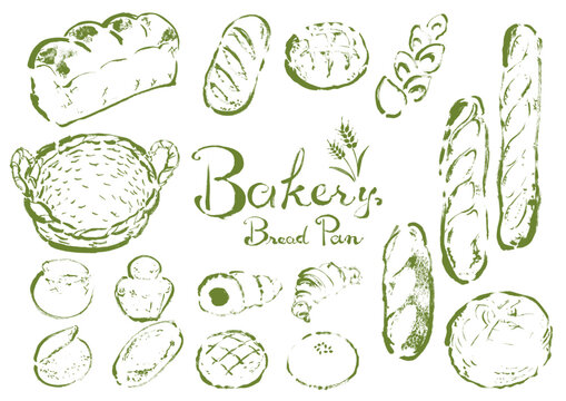 いろんなパンの手描きイラストセット　線画イラスト　緑