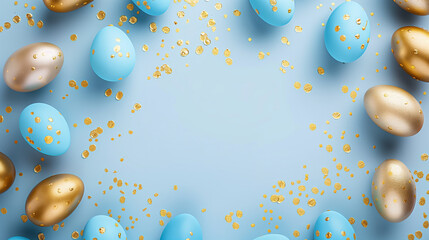 Fototapeta na wymiar Vibrant Easter composition on a bright blue textured background featuring yellow and blue decorated Easter eggs nestled among delicate blooming white flowers and fresh green sprouts.
