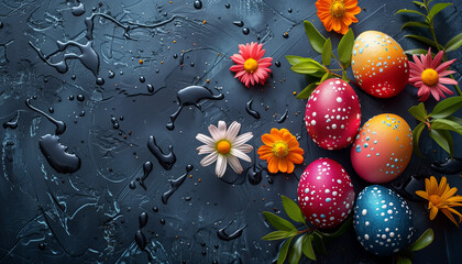 Fototapeta na wymiar Vibrant Easter composition on a bright blue textured background featuring yellow and blue decorated Easter eggs nestled among delicate blooming white flowers and fresh green sprouts.