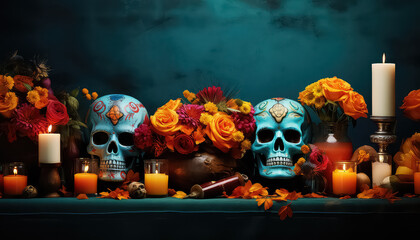 Altar of flowers and skulls during the Day of the Dead in Mexico.