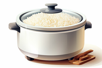 Modern electric rice cooker with ingredients on table in kitchen, closeup