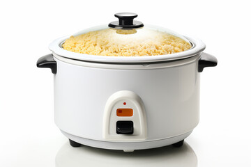 Modern electric rice cooker with ingredients on table in kitchen, closeup