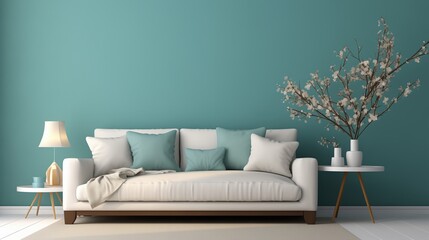 A cozy nook furnished with a comfortable white sofa, set against a soft teal 3D wall, offering a cozy retreat.
