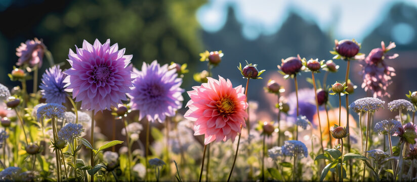 blurry image of lavender and dahlia flowers AI generated image