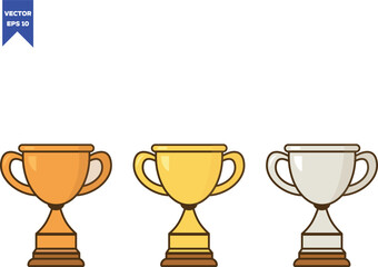 Gold, silver, and bronze trophy cartoon icon collection. First place champion trophy cup in flat style. Vector flat outline icon 