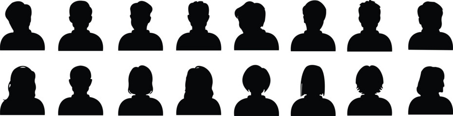 Set of Avatar icons in fill styles. Silhouette profile symbols. Anonymous user portrait. User Profile pictures isolated on transparent background. Person silhouette that can be used in designs.