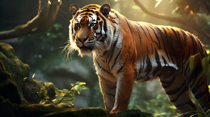 Sumatran tiger running in the jungle ,HD animal wallpaper