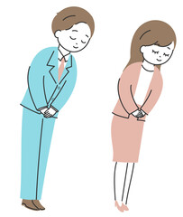 お辞儀をするシンプルな男女の斜め横向きイラスト